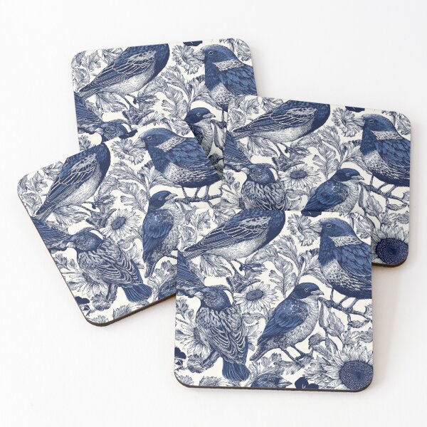 Item preview, Navy Etched Finches and Sunflowers Vintage Seamless Botanical Pattern designed and sold by dawnleblanc55.