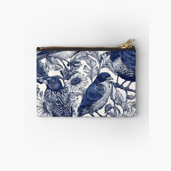 Item preview, Navy Etched Finches and Sunflowers Vintage Seamless Botanical Pattern designed and sold by dawnleblanc55.