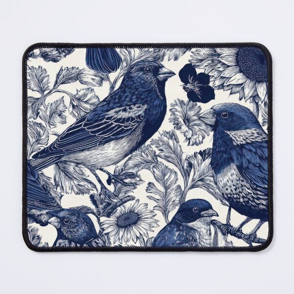Item preview, Navy Etched Finches and Sunflowers Vintage Seamless Botanical Pattern designed and sold by dawnleblanc55.