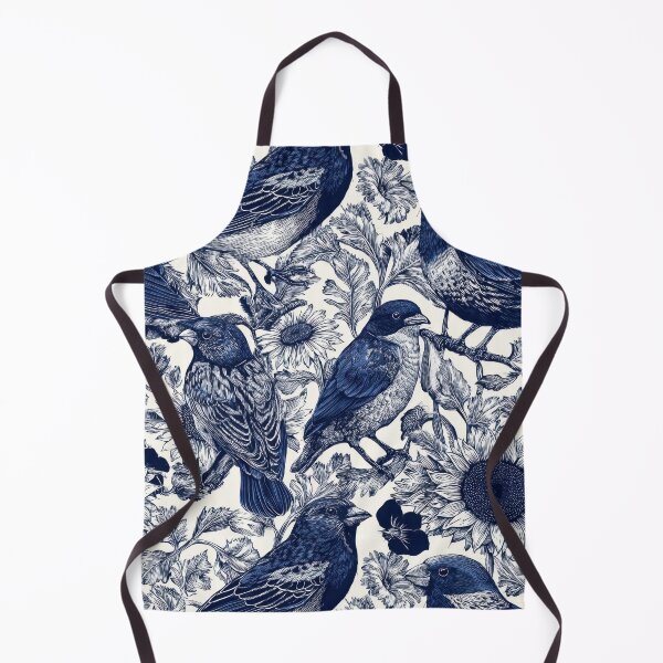 Item preview, Navy Etched Finches and Sunflowers Vintage Seamless Botanical Pattern designed and sold by dawnleblanc55.