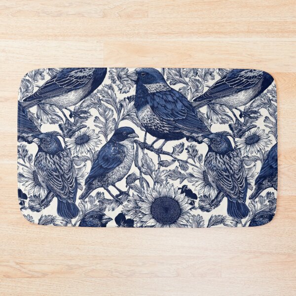 Item preview, Navy Etched Finches and Sunflowers Vintage Seamless Botanical Pattern designed and sold by dawnleblanc55.