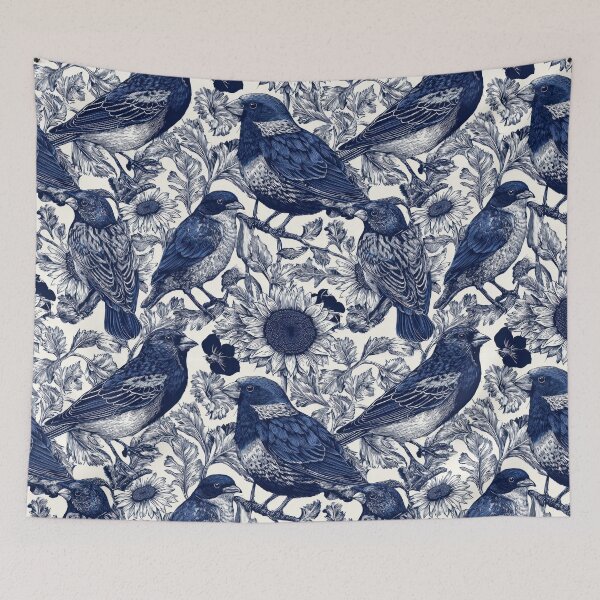 Item preview, Navy Etched Finches and Sunflowers Vintage Seamless Botanical Pattern designed and sold by dawnleblanc55.