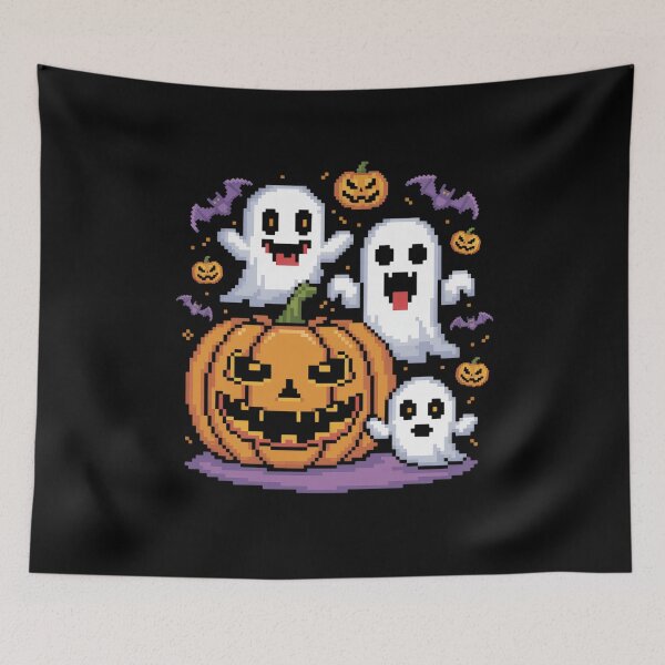 Item preview, Funny Halloween Pumpkin Chasing Ghosts 80s 8 Bit Pixel Art designed and sold by khorbiasieno.