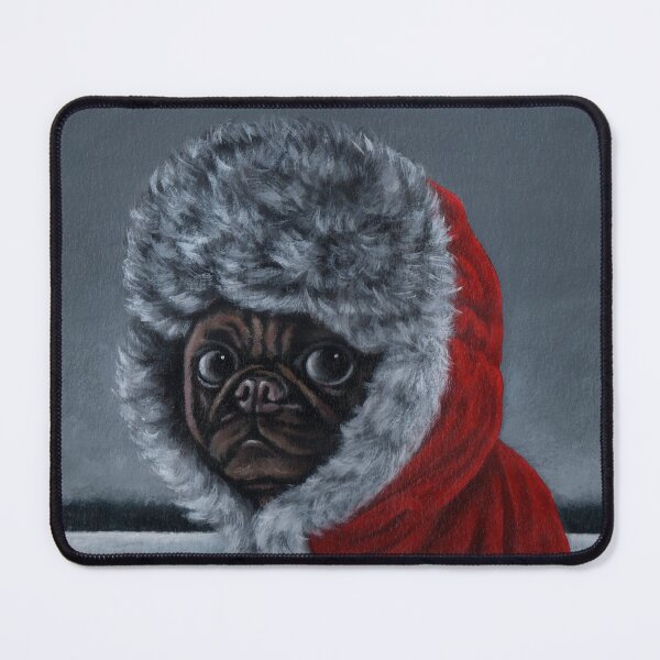 Item preview, There is a pug dog wearing a red fur coat in the snow. designed and sold by EmilyDouArt.