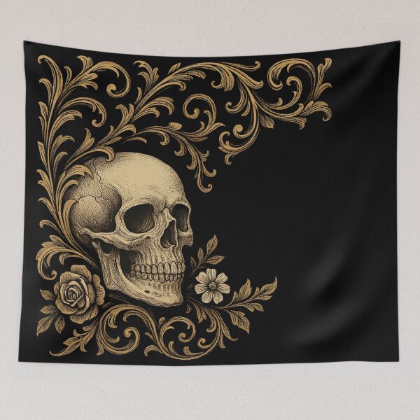 Item preview, Gothic Skull with Gold Baroque Filigree – Vintage Rose Macabre Art designed and sold by Mouraludia.