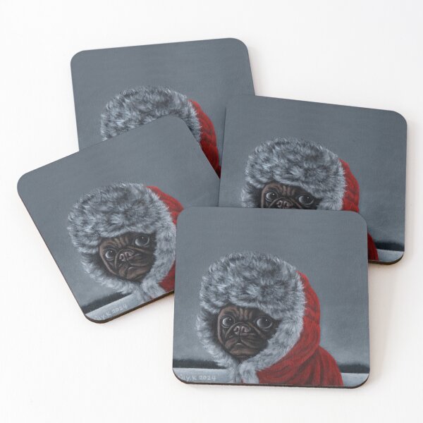 Item preview, There is a pug dog wearing a red fur coat in the snow. designed and sold by EmilyDouArt.