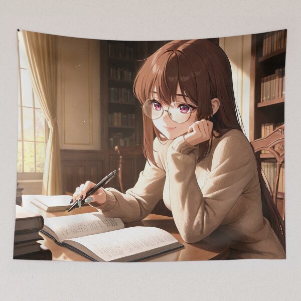 Item preview, Cute Anime Study Girl | Cozy Library Aesthetic | Warm Light Illustration designed and sold by PixelTeaStudio.