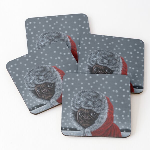 Item preview, There is a pug dog wearing a red fur coat in the snow. designed and sold by EmilyDouArt.