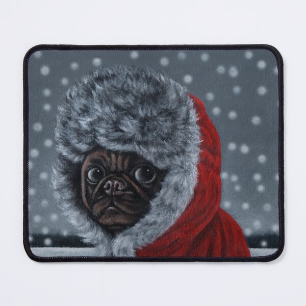 Item preview, There is a pug dog wearing a red fur coat in the snow. designed and sold by EmilyDouArt.