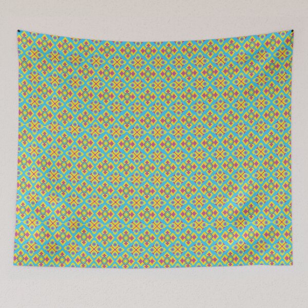 Item preview, Pixel art on blue background wallpaper oriental seamless pattern designed and sold by ChaReePat.