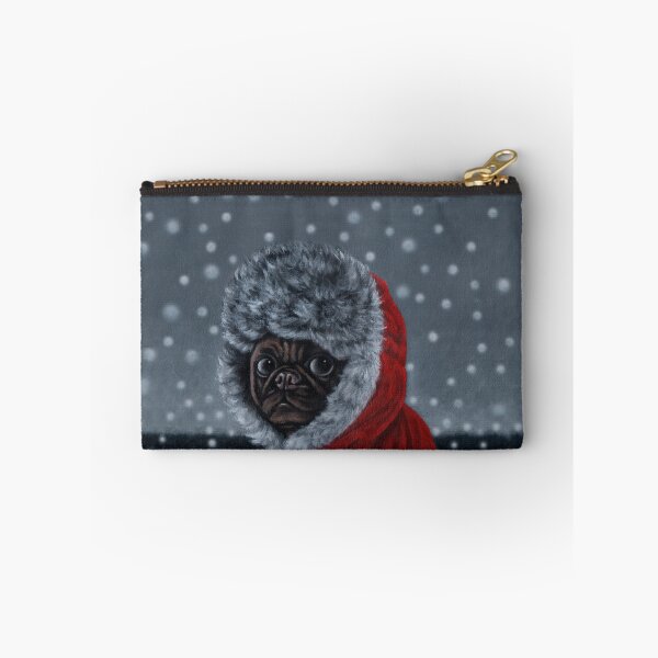 Item preview, There is a pug dog wearing a red fur coat in the snow. designed and sold by EmilyDouArt.