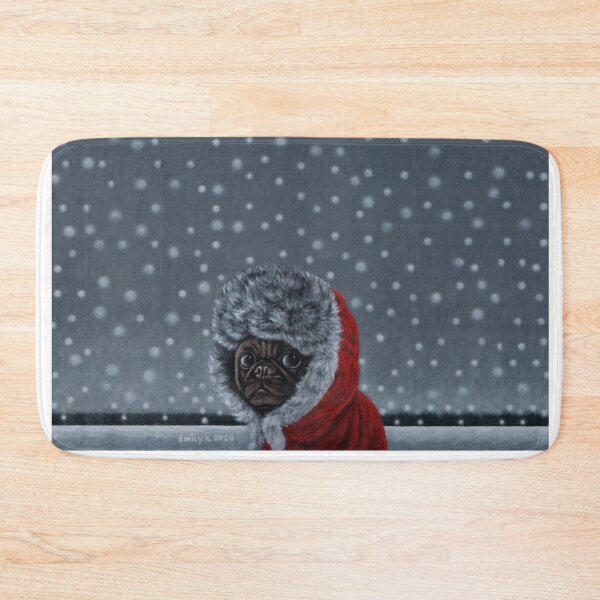 Item preview, There is a pug dog wearing a red fur coat in the snow. designed and sold by EmilyDouArt.