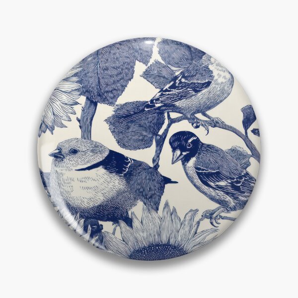 Item preview, Navy Etched Finches and Sunflowers – Vintage Botanical Bird Seamless Pattern designed and sold by dawnleblanc55.