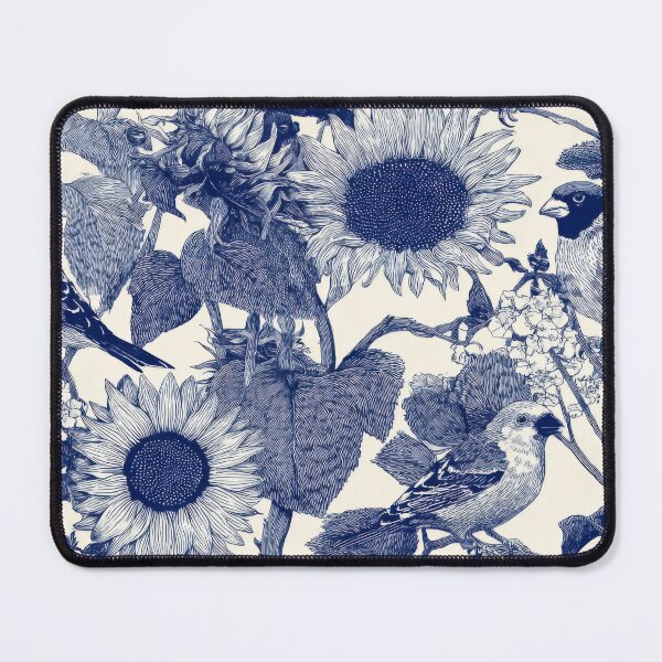 Item preview, Navy Etched Finches and Sunflowers – Vintage Botanical Bird Seamless Pattern designed and sold by dawnleblanc55.