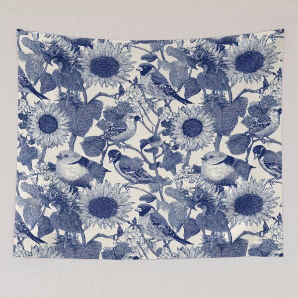 Item preview, Navy Etched Finches and Sunflowers – Vintage Botanical Bird Seamless Pattern designed and sold by dawnleblanc55.
