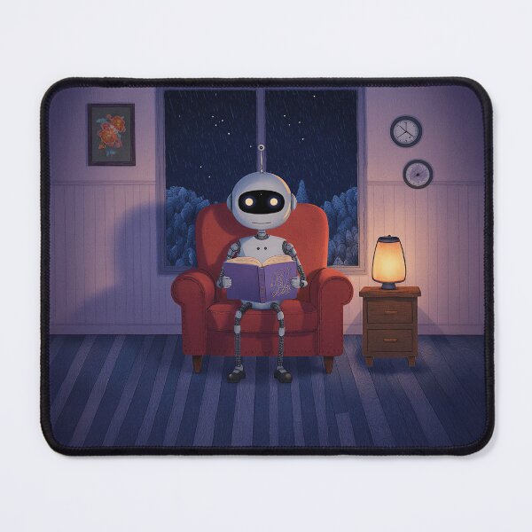 Item preview, Robot Reading at Night – Cozy Rainy Evening Illustration designed and sold by Whimsical Hug.