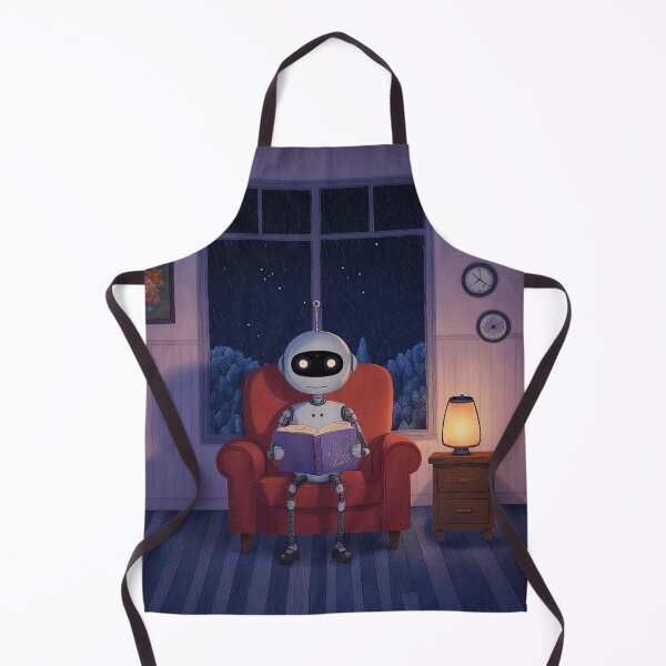 Item preview, Robot Reading at Night – Cozy Rainy Evening Illustration designed and sold by Whimsical Hug.