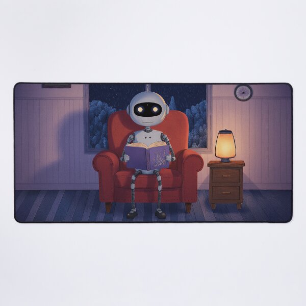 Item preview, Robot Reading at Night – Cozy Rainy Evening Illustration designed and sold by Whimsical Hug.
