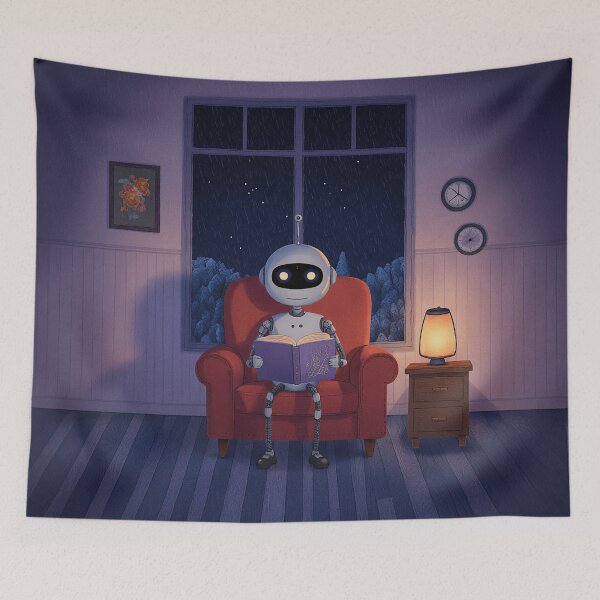 Item preview, Robot Reading at Night – Cozy Rainy Evening Illustration designed and sold by Whimsical Hug.