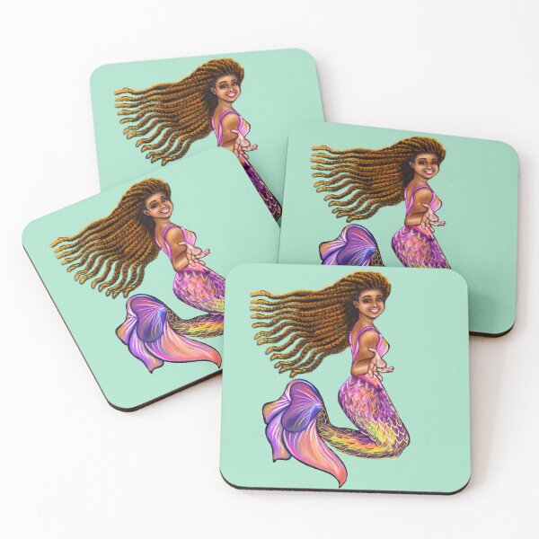 Item preview, Black Mermaid  with rainbow coloured colored fins, braids, outstretched  arm, brown eyes, Curly hair  and caramel brown skin - light background designed and sold by Artonmytee.