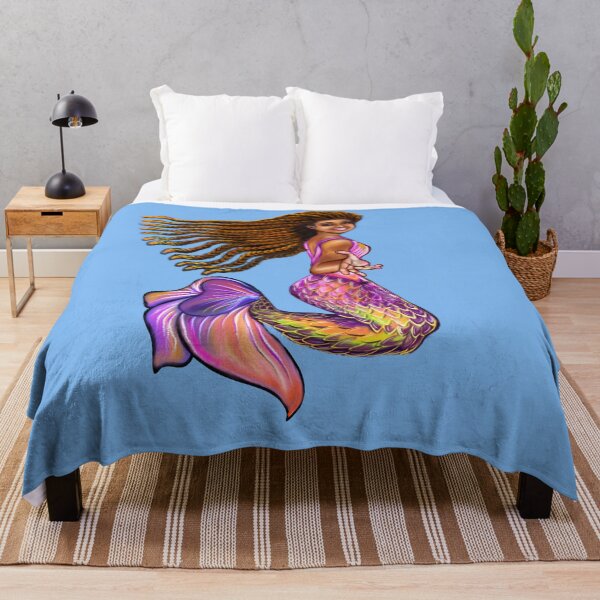 Item preview, Black Mermaid with rainbow coloured colored fins, braids, outstretched arm, brown eyes, Curly hair and caramel brown skin - light background designed and sold by Artonmytee.