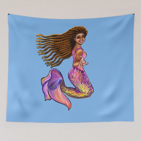 Item preview, Black Mermaid  with rainbow coloured colored fins, braids, outstretched  arm, brown eyes, Curly hair  and caramel brown skin - light background designed and sold by Artonmytee.