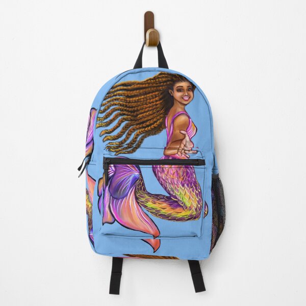 Item preview, Black Mermaid  with rainbow coloured colored fins, braids, outstretched  arm, brown eyes, Curly hair  and caramel brown skin - light background designed and sold by Artonmytee.
