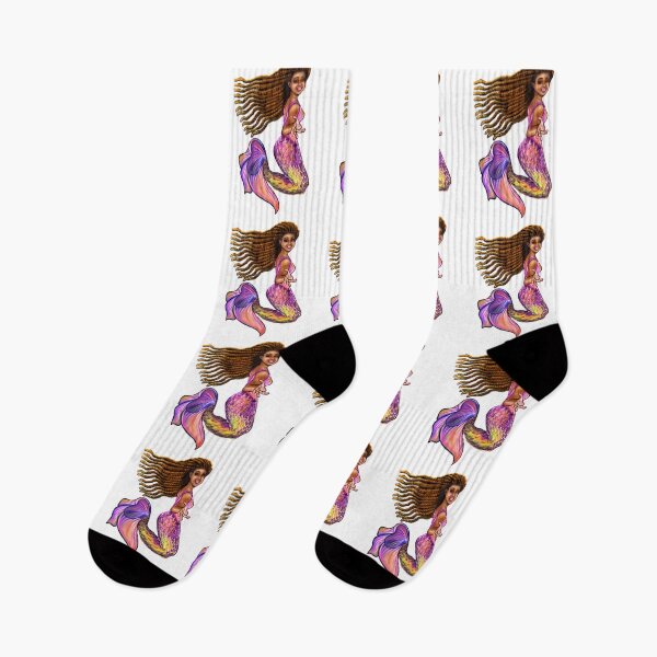 Item preview, Black Mermaid  with rainbow coloured colored fins, braids, outstretched  arm, brown eyes, Curly hair  and caramel brown skin - light background designed and sold by Artonmytee.