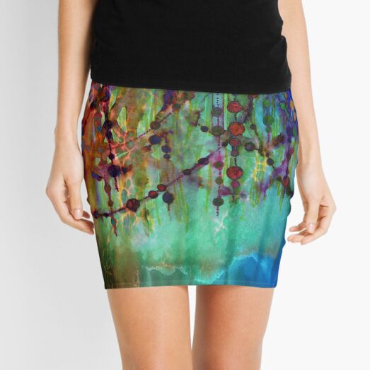 PRISMACOLOR PEARLS 1 Colorful Rainbow Watercolor Abstract Painting Blue Green Teal Red Ocean Waves Fine Art Mini Skirt