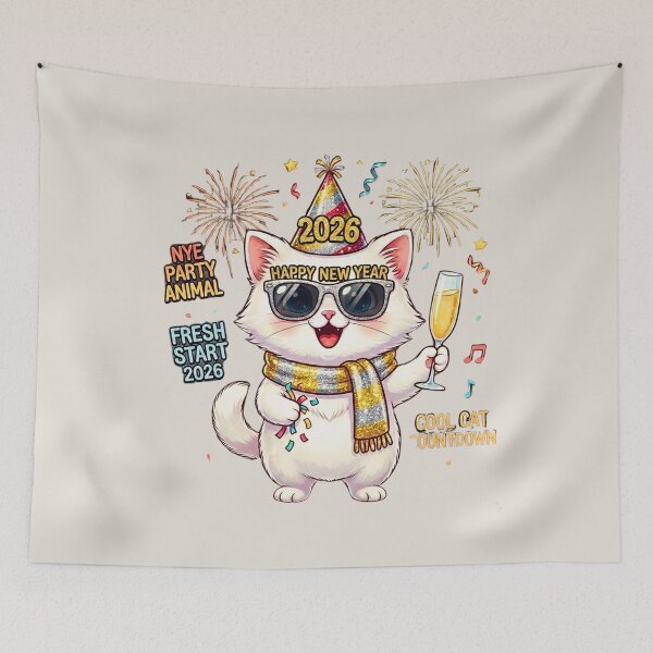 Item preview, Happy New Year 2026 Party Cat | Cool Kitten with Champagne & Glasses designed and sold by E-SarnEdge.