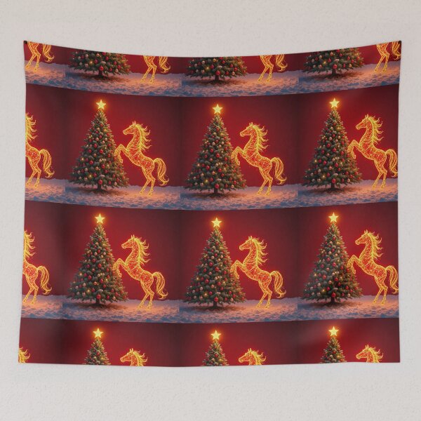 Item preview, Fiery Holiday Magic – Glowing Christmas Tree & Flaming Horse designed and sold by PixelVibe782.