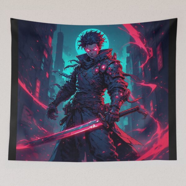 Item preview, Dark Cyberpunk Warrior with Katana in the Night City designed and sold by SweetRossel.