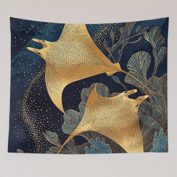 Item preview, Navy Blue& Gold Manta Rays Nautical Underwater Kintsugi designed and sold by GulDesignCo.
