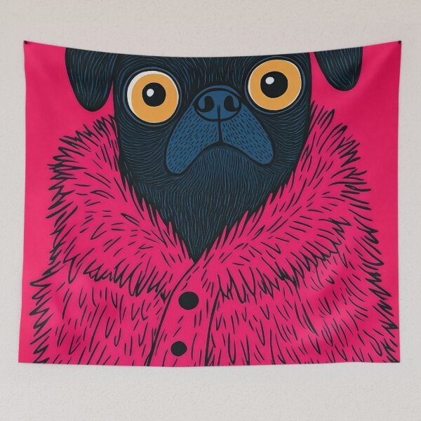 Item preview, Black Pug in Pink Fur Anthropomorphic Animal Fashion Art Print designed and sold by GulDesignCo.