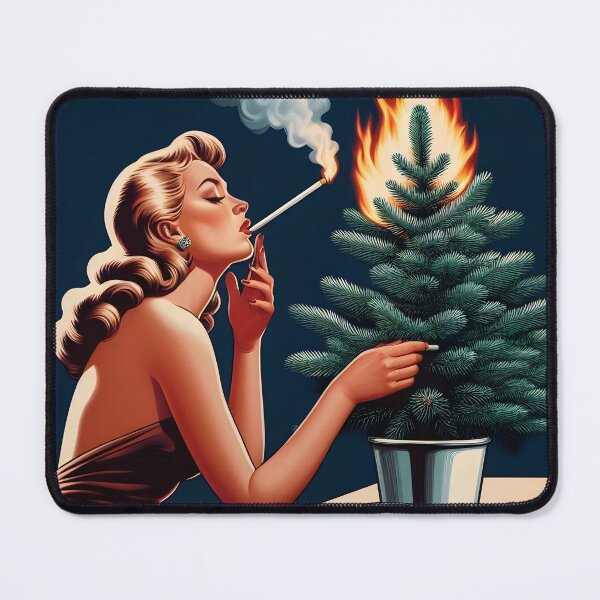 Item preview, Pinup Girl Sets Conifer Tree on Fire While Smoking. designed and sold by Spark2Seduction.