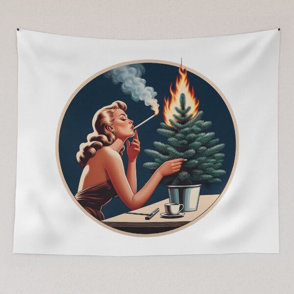 Item preview, Pinup Girl Sets Conifer Tree on Fire While Smoking. designed and sold by Spark2Seduction.