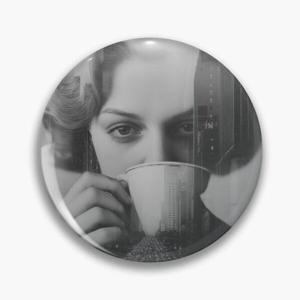 Artikelvorschau, Doppelbelichtungsporträt mit Kaffeetasse und urbaner Stadtlandschaft – Schwarz-Weiß-Kunst entworfen und verkauft von fadiabb87.