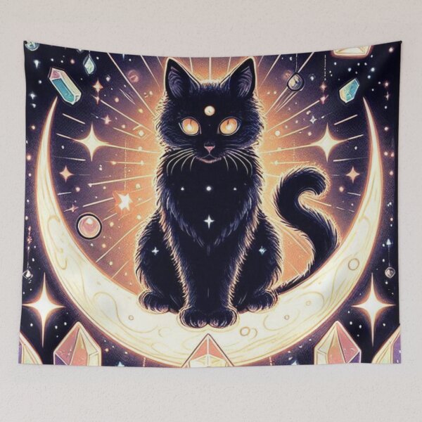 Item preview, Celestial Witchy Black Cat Crystal Moon Art designed and sold by BigBlueArt.