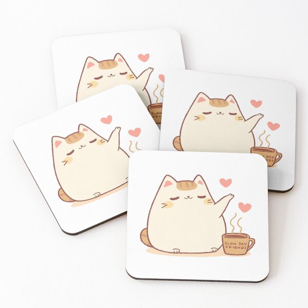 Item preview, Cute Cozy Cat Mascot Reaching for Floating Steam Hearts – Pastel Café Art | Slow Day Friends Style designed and sold by SlowDayFriends.