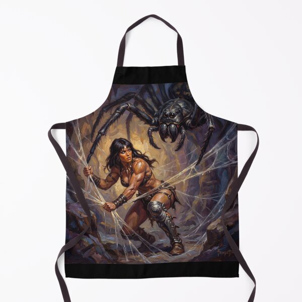 Item preview, Barbarian Woman vs the giant spider queen illustration fantasy art style designed and sold by Vintage Designs +.