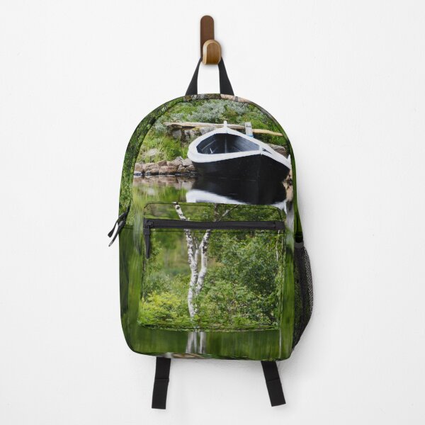 Item preview, Scandinavian Seascape – Black Boat in a Mirror Forest / Swiss Artwork Photography designed and sold by Raphael Wolf.