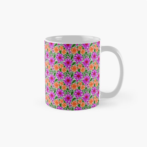 Item preview, Pattern of vibrant pink and orange stylized flowers set against a green background with white outlines designed and sold by Beleza e Estilo.