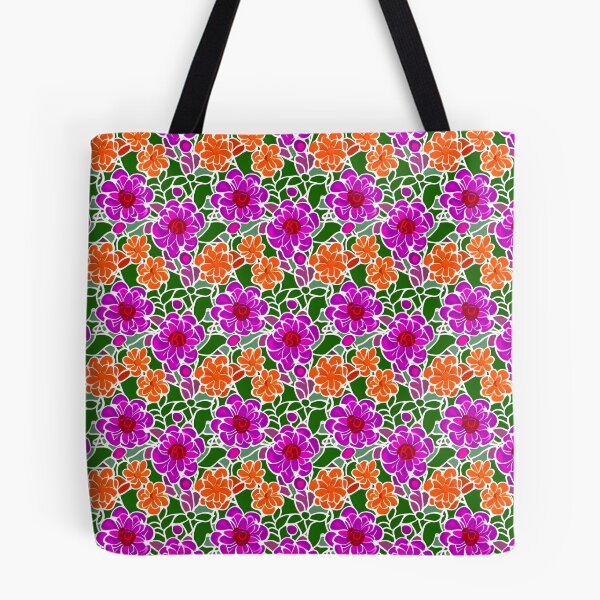 Item preview, Pattern of vibrant pink and orange stylized flowers set against a green background with white outlines designed and sold by Beleza e Estilo.