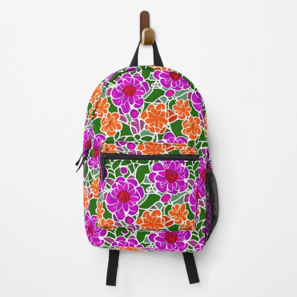 Item preview, Pattern of vibrant pink and orange stylized flowers set against a green background with white outlines designed and sold by Beleza e Estilo.