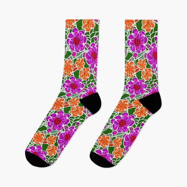 Item preview, Pattern of vibrant pink and orange stylized flowers set against a green background with white outlines designed and sold by Beleza e Estilo.