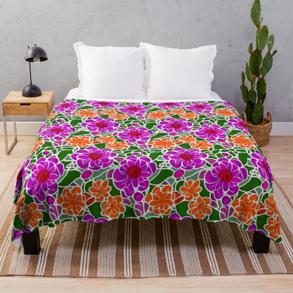 Item preview, Pattern of vibrant pink and orange stylized flowers set against a green background with white outlines designed and sold by Beleza e Estilo.