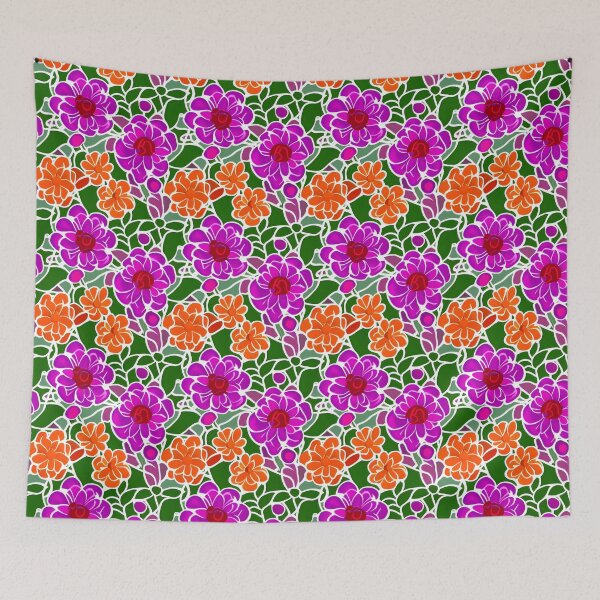 Item preview, Pattern of vibrant pink and orange stylized flowers set against a green background with white outlines designed and sold by Beleza e Estilo.