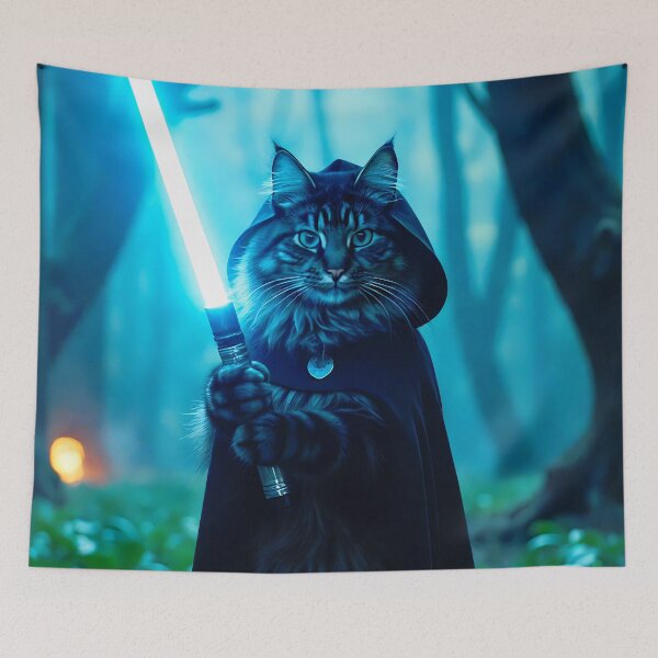 Item preview, Jedi Cat with Lightsaber in Enchanted Forest designed and sold by BadBeaverDesign.