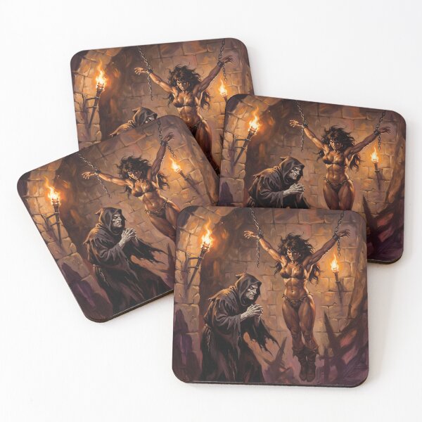 Item preview, Barbarian Woman captured by an evil Inquisitor illustration fantasy art style designed and sold by Vintage Designs +.
