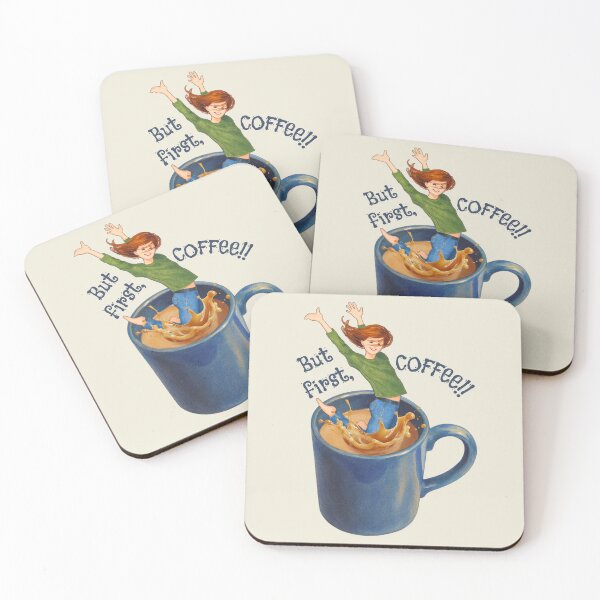 Item preview, But FIRST, Coffee, Woman Jumping Into Mug of Coffee, Humor designed and sold by JoyfulWhimsy.